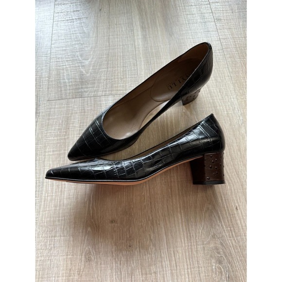 Anyi Lu Black Leather Crocodile & Ostrich Block Heels - Size 41/ Womens 11 - Picture 2 of 5